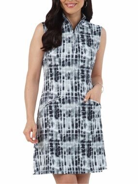 IBKUL Black and White Tie-Dye Sleeveless Polo Dress